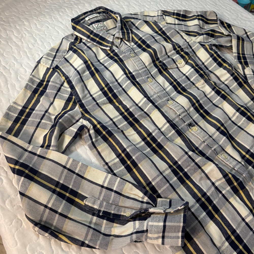 Lucky Brand Men M Button Down Blue Yellow Plaid California Fit checkered western